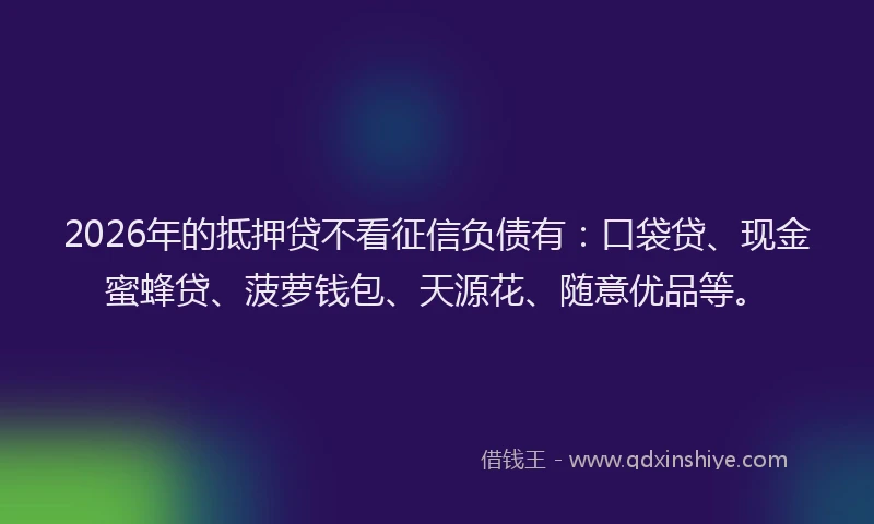 2026年的抵押贷不看征信负债有：口袋贷、现金蜜蜂贷、菠萝钱包、天源花、随意优品等。