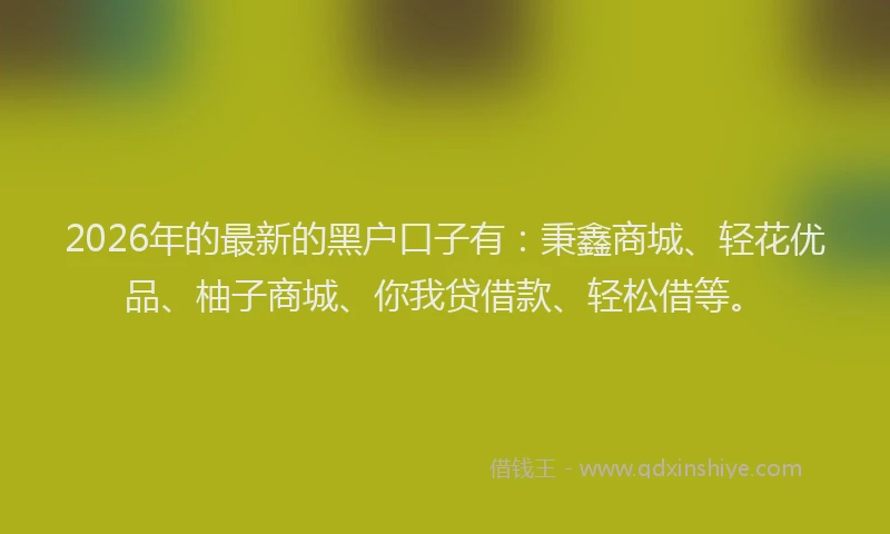2026年的最新的黑户口子有：秉鑫商城、轻花优品、柚子商城、你我贷借款、轻松借等。