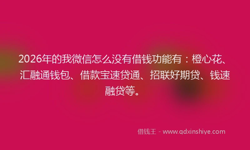 2026年的我微信怎么没有借钱功能有：橙心花、汇融通钱包、借款宝速贷通、招联好期贷、钱速融贷等。