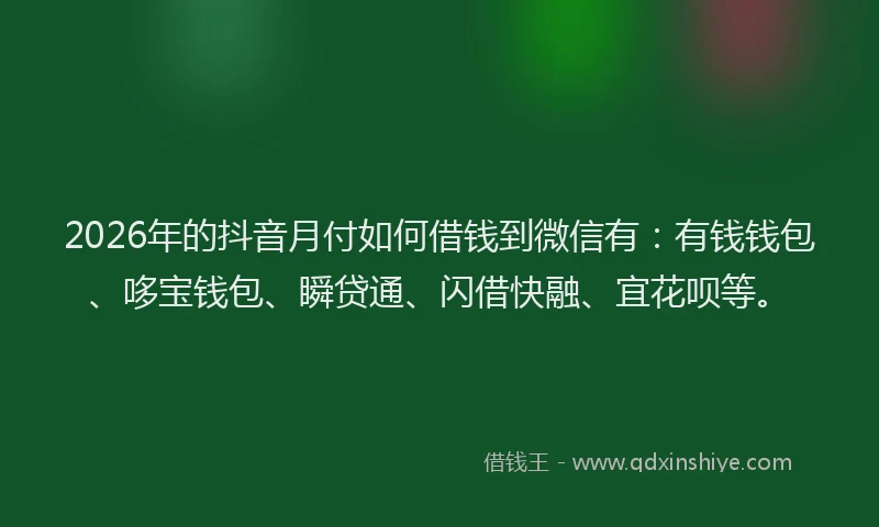 2026年的抖音月付如何借钱到微信有：有钱钱包、哆宝钱包、瞬贷通、闪借快融、宜花呗等。