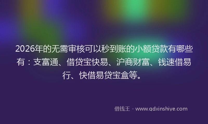 2026年的无需审核可以秒到账的小额贷款有哪些有：支富通、借贷宝快易、沪商财富、钱速借易行、快借易贷宝盒等。