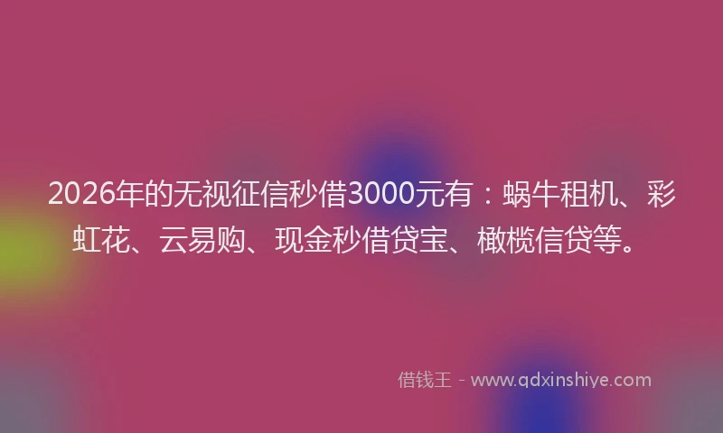 2026年的无视征信秒借3000元有：蜗牛租机、彩虹花、云易购、现金秒借贷宝、橄榄信贷等。
