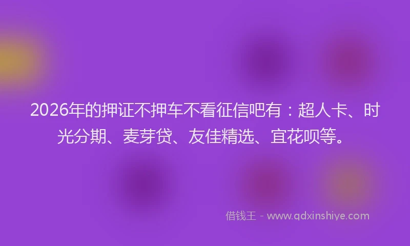 2026年的押证不押车不看征信吧有：超人卡、时光分期、麦芽贷、友佳精选、宜花呗等。
