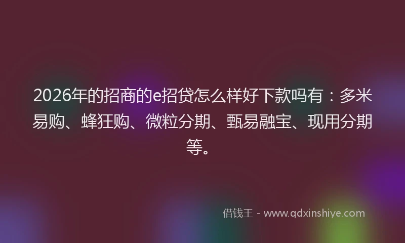 2026年的招商的e招贷怎么样好下款吗有:多米易购、蜂狂购、微粒分期、甄易融宝、现用分期等。