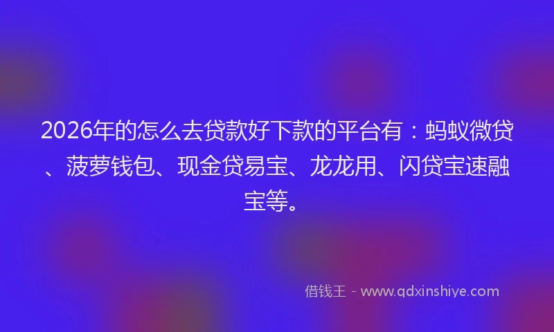 2026年的怎么去贷款好下款的平台有:蚂蚁微贷、菠萝钱包、现金贷易宝、龙龙用、闪贷宝速融宝等。