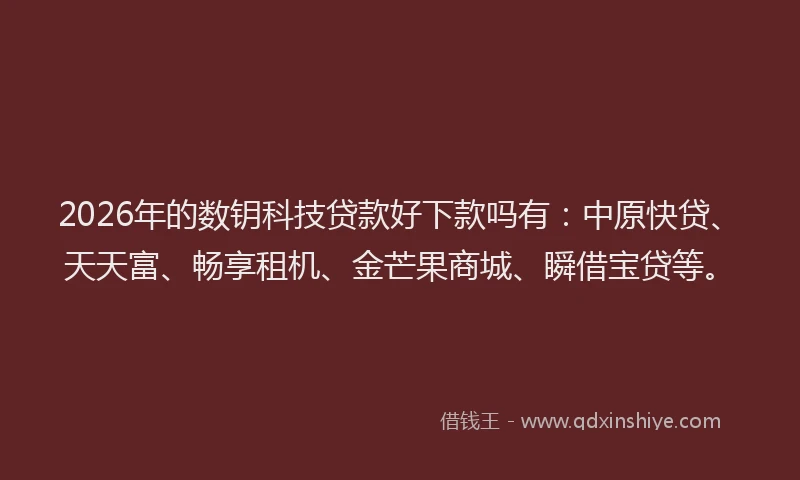 2026年的数钥科技贷款好下款吗有：中原快贷、天天富、畅享租机、金芒果商城、瞬借宝贷等。