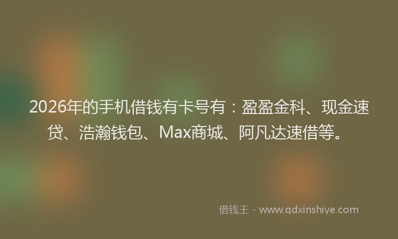 2026年的手机借钱有卡号有：盈盈金科、现金速贷、浩瀚钱包、Max商城、阿凡达速借等。