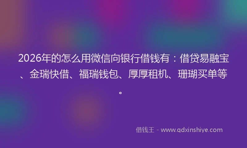 2026年的怎么用微信向银行借钱有:借贷易融宝、金瑞快借、福瑞钱包、厚厚租机、珊瑚买单等。