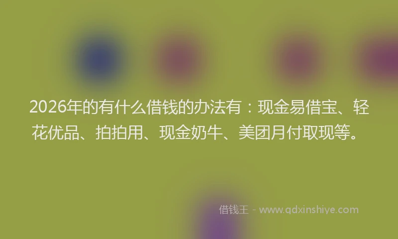 2026年的有什么借钱的办法有：现金易借宝、轻花优品、拍拍用、现金奶牛、美团月付取现等。