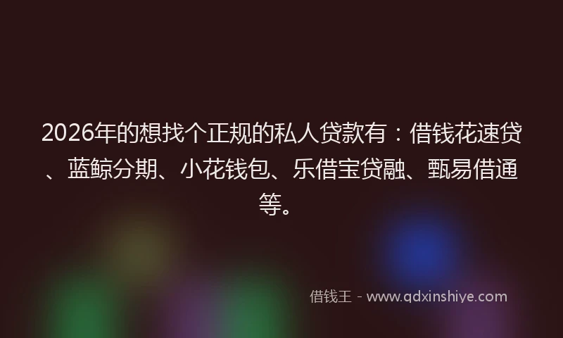 2026年的想找个正规的私人贷款有：借钱花速贷、蓝鲸分期、小花钱包、乐借宝贷融、甄易借通等。