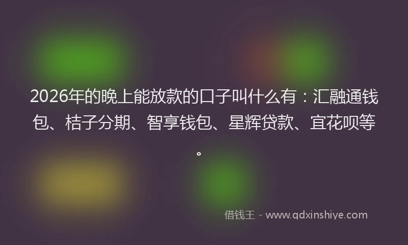 2026年的晚上能放款的口子叫什么有：汇融通钱包、桔子分期、智享钱包、星辉贷款、宜花呗等。