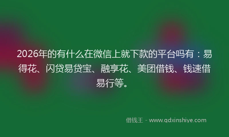 2026年的有什么在微信上就下款的平台吗有：易得花、闪贷易贷宝、融享花、美团借钱、钱速借易行等。