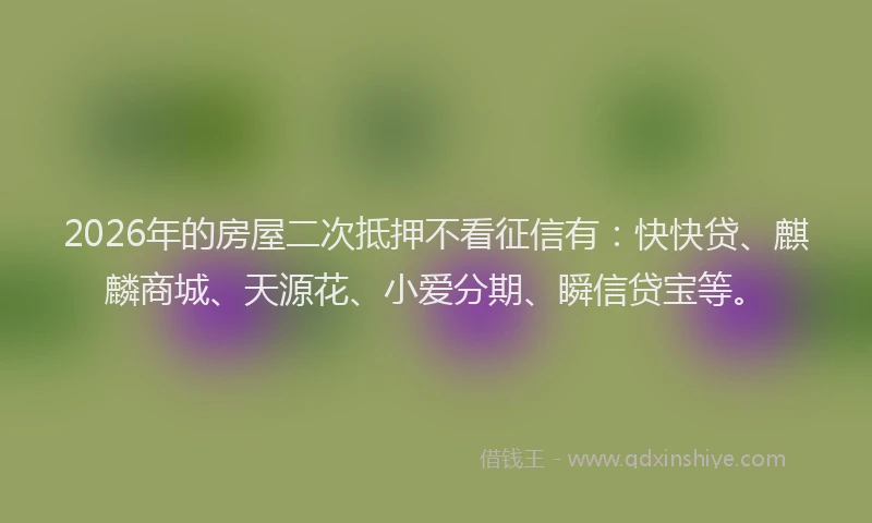 2026年的房屋二次抵押不看征信有:快快贷、麒麟商城、天源花、小爱分期、瞬信贷宝等。