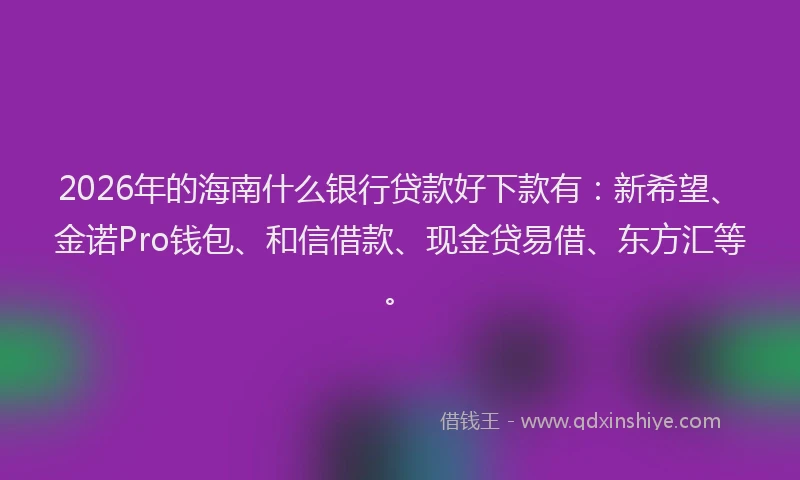 2026年的海南什么银行贷款好下款有：新希望、金诺Pro钱包、和信借款、现金贷易借、东方汇等。