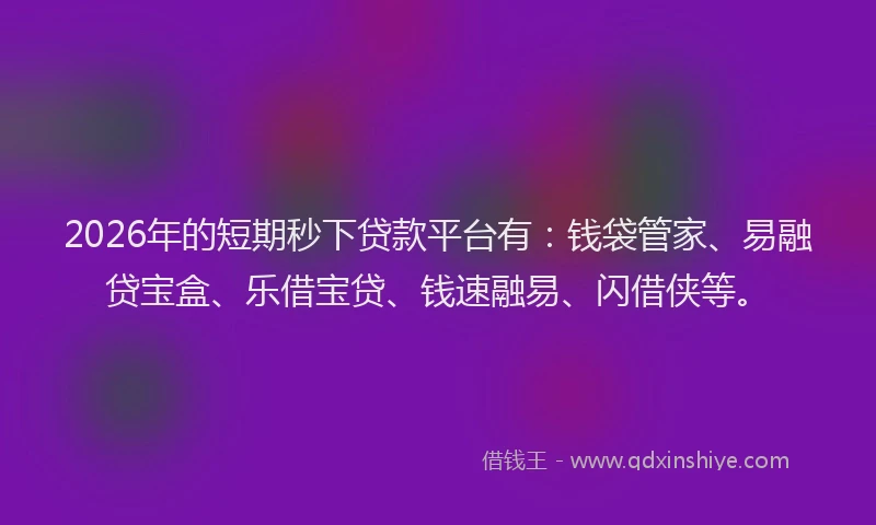 2026年的短期秒下贷款平台有:钱袋管家、易融贷宝盒、乐借宝贷、钱速融易、闪借侠等。