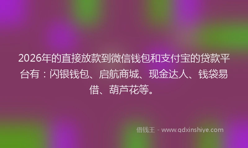2026年的直接放款到微信钱包和支付宝的贷款平台有：闪银钱包、启航商城、现金达人、钱袋易借、葫芦花等。