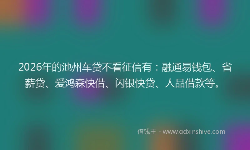 2026年的池州车贷不看征信有:融通易钱包、省薪贷、爱鸿森快借、闪银快贷、人品借款等。