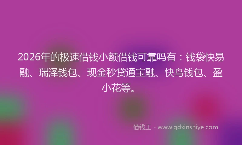 2026年的极速借钱小额借钱可靠吗有：钱袋快易融、瑞泽钱包、现金秒贷通宝融、快鸟钱包、盈小花等。