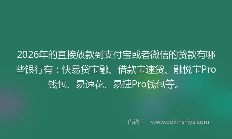 2026年的直接放款到支付宝或者微信的贷款有哪些银行有：快易贷宝融、借款宝速贷、融悦宝Pro钱包、易速花、易捷Pro钱包等。