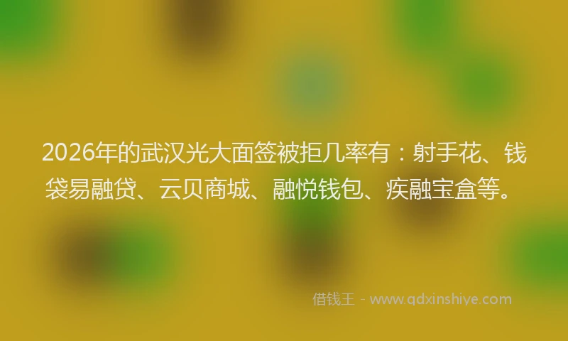 2026年的武汉光大面签被拒几率有：射手花、钱袋易融贷、云贝商城、融悦钱包、疾融宝盒等。