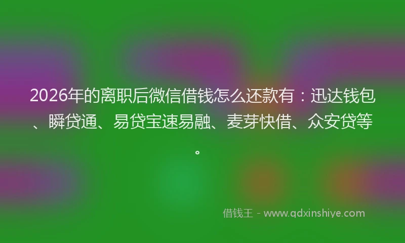 2026年的离职后微信借钱怎么还款有：迅达钱包、瞬贷通、易贷宝速易融、麦芽快借、众安贷等。