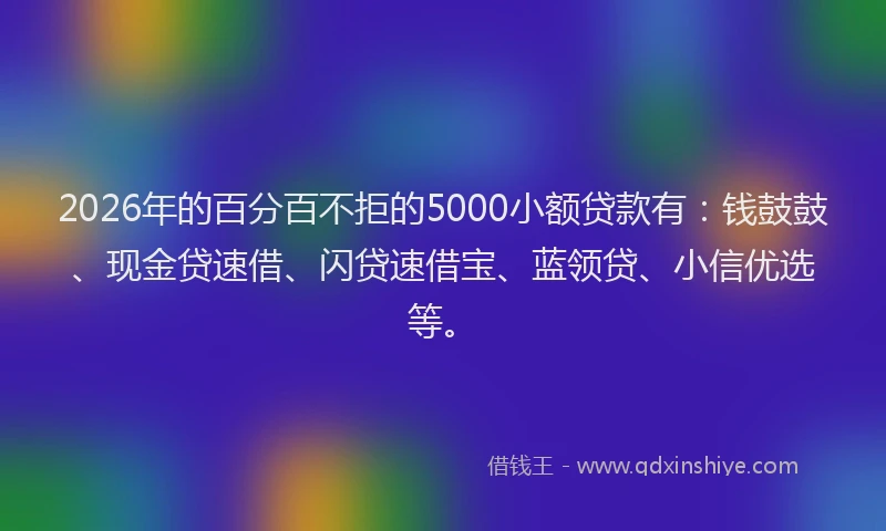 2026年的百分百不拒的5000小额贷款有：钱鼓鼓、现金贷速借、闪贷速借宝、蓝领贷、小信优选等。