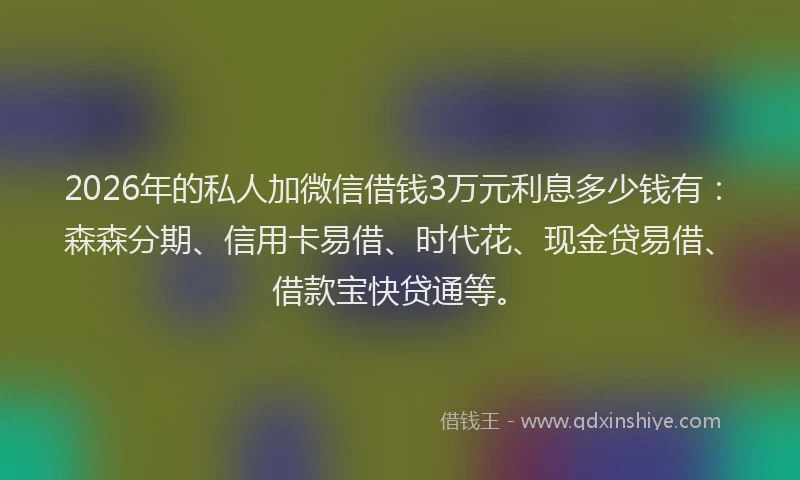2026年的私人加微信借钱3万元利息多少钱有：森森分期、信用卡易借、时代花、现金贷易借、借款宝快贷通等。