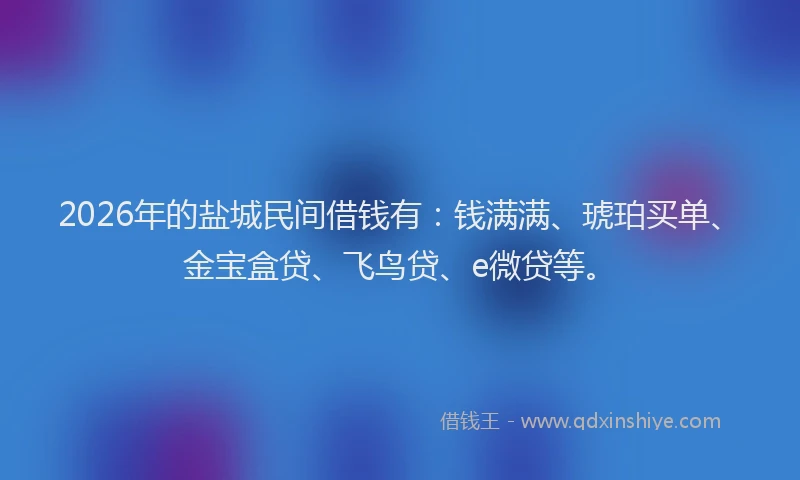 2026年的盐城民间借钱有：钱满满、琥珀买单、金宝盒贷、飞鸟贷、e微贷等。