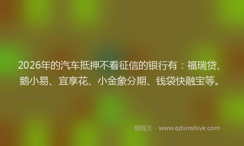 2026年的汽车抵押不看征信的银行有：福瑞贷、鹅小易、宜享花、小金象分期、钱袋快融宝等。