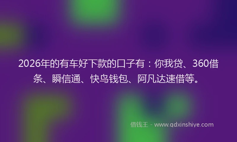 2026年的有车好下款的口子有：你我贷、360借条、瞬信通、快鸟钱包、阿凡达速借等。