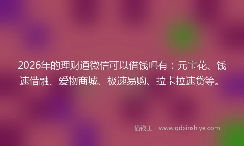 2026年的理财通微信可以借钱吗有：元宝花、钱速借融、爱物商城、极速易购、拉卡拉速贷等。