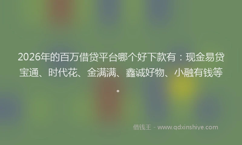 2026年的百万借贷平台哪个好下款有:现金易贷宝通、时代花、金满满、鑫诚好物、小融有钱等。