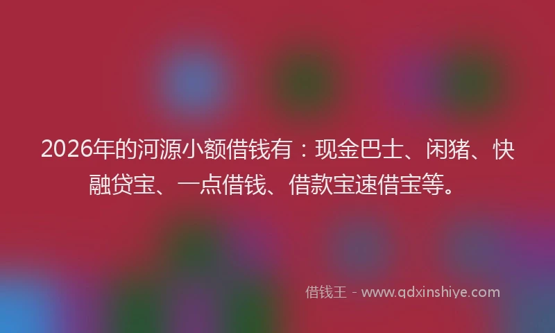 2026年的河源小额借钱有：现金巴士、闲猪、快融贷宝、一点借钱、借款宝速借宝等。