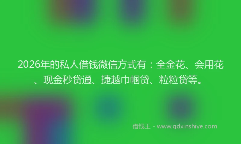 2026年的私人借钱微信方式有：全金花、会用花、现金秒贷通、捷越巾帼贷、粒粒贷等。