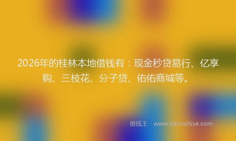 2026年的桂林本地借钱有：现金秒贷易行、亿享购、三枝花、分子贷、佑佑商城等。