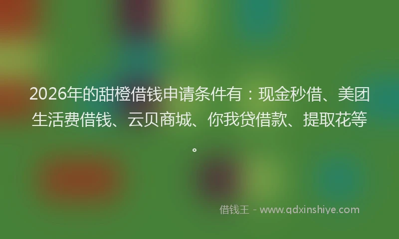 2026年的甜橙借钱申请条件有：现金秒借、美团生活费借钱、云贝商城、你我贷借款、提取花等。