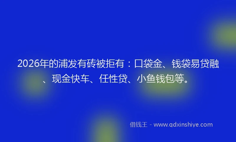 2026年的浦发有砖被拒有:口袋金、钱袋易贷融、现金快车、任性贷、小鱼钱包等。