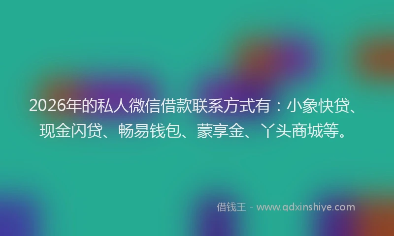 2026年的私人微信借款联系方式有:小象快贷、现金闪贷、畅易钱包、蒙享金、丫头商城等。