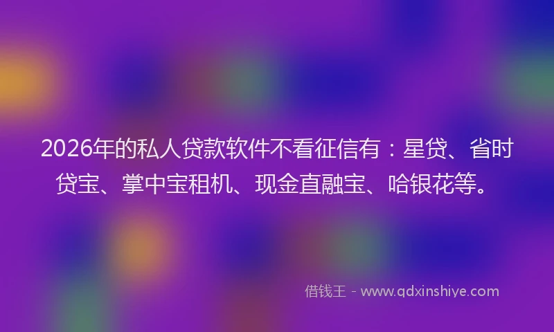 2026年的私人贷款软件不看征信有：星贷、省时贷宝、掌中宝租机、现金直融宝、哈银花等。