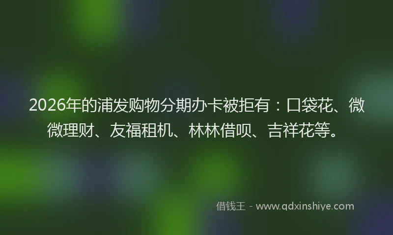 2026年的浦发购物分期办卡被拒有：口袋花、微微理财、友福租机、林林借呗、吉祥花等。
