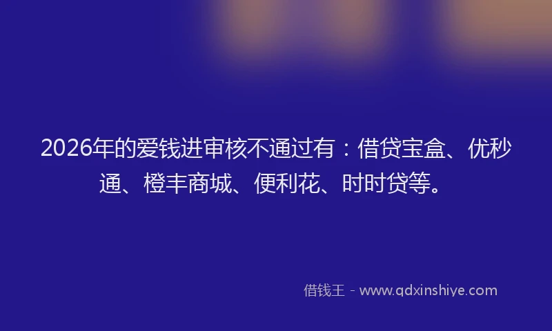 2026年的爱钱进审核不通过有：借贷宝盒、优秒通、橙丰商城、便利花、时时贷等。