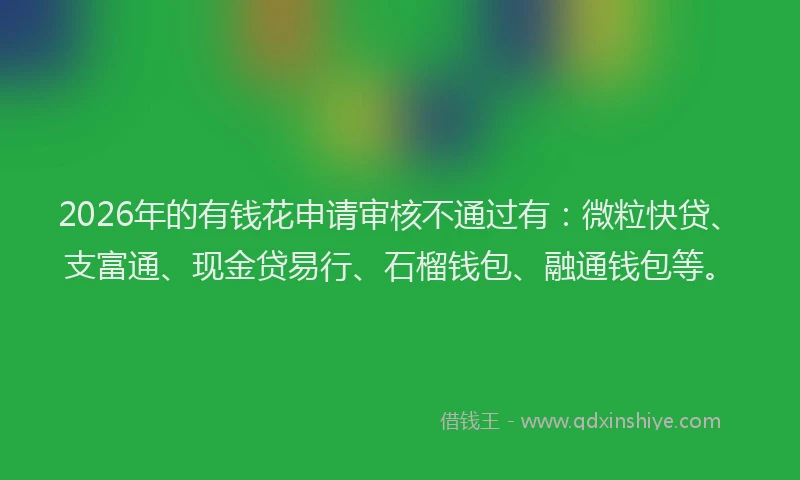 2026年的有钱花申请审核不通过有：微粒快贷、支富通、现金贷易行、石榴钱包、融通钱包等。