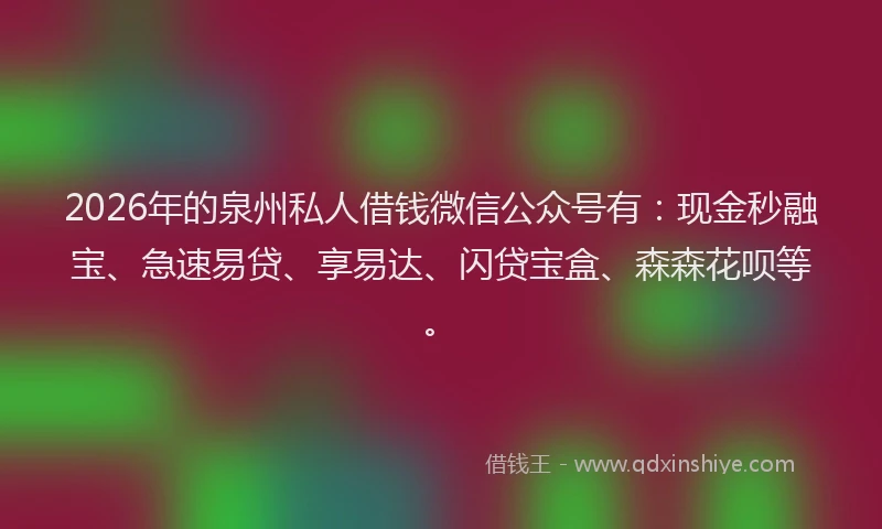 2026年的泉州私人借钱微信公众号有：现金秒融宝、急速易贷、享易达、闪贷宝盒、森森花呗等。