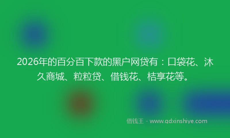 2026年的百分百下款的黑户网贷有：口袋花、沐久商城、粒粒贷、借钱花、桔享花等。