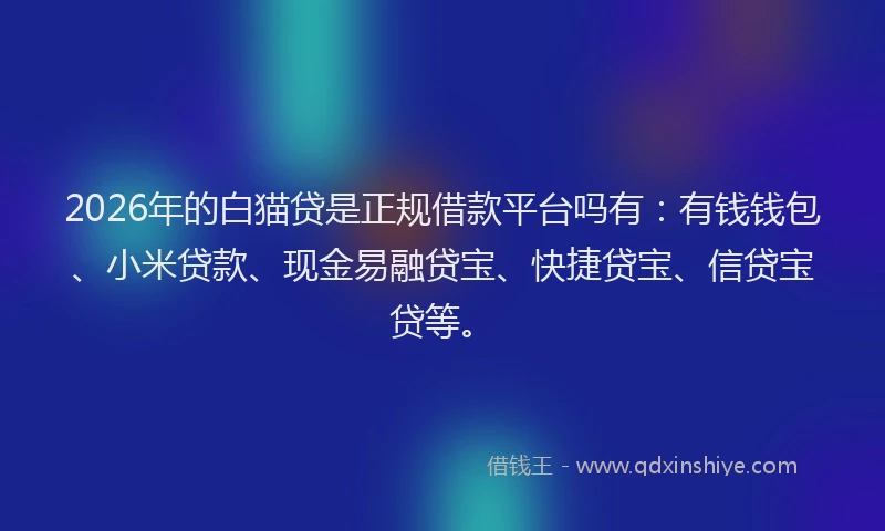 2026年的白猫贷是正规借款平台吗有:有钱钱包、小米贷款、现金易融贷宝、快捷贷宝、信贷宝贷等。