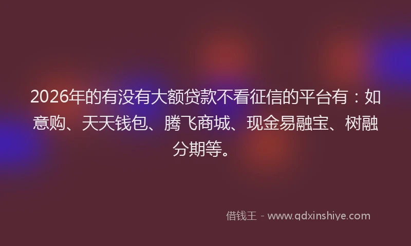 2026年的有没有大额贷款不看征信的平台有：如意购、天天钱包、腾飞商城、现金易融宝、树融分期等。