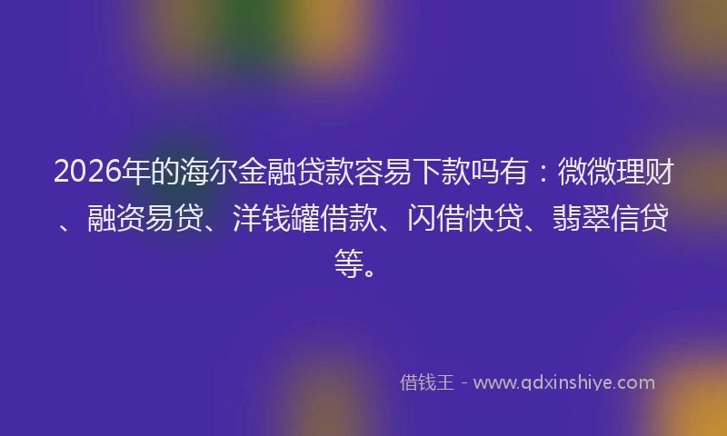 2026年的海尔金融贷款容易下款吗有:微微理财、融资易贷、洋钱罐借款、闪借快贷、翡翠信贷等。