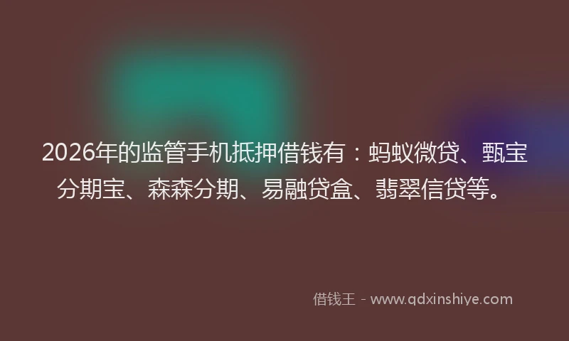 2026年的监管手机抵押借钱有:蚂蚁微贷、甄宝分期宝、森森分期、易融贷盒、翡翠信贷等。