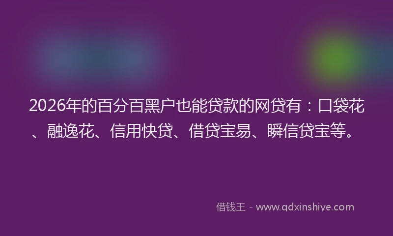 2026年的百分百黑户也能贷款的网贷有：口袋花、融逸花、信用快贷、借贷宝易、瞬信贷宝等。