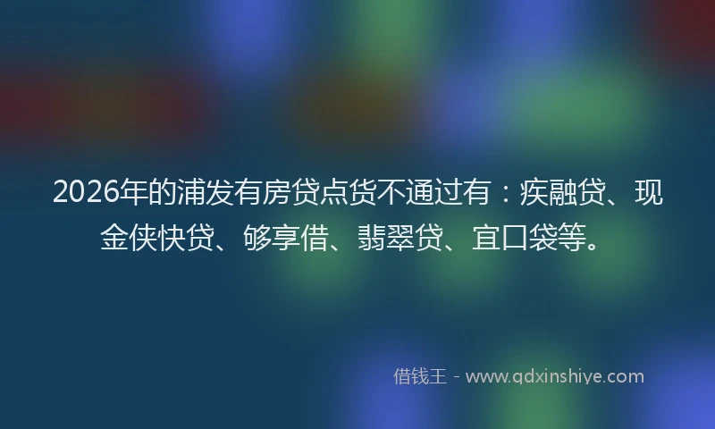 2026年的浦发有房贷点货不通过有:疾融贷、现金侠快贷、够享借、翡翠贷、宜口袋等。